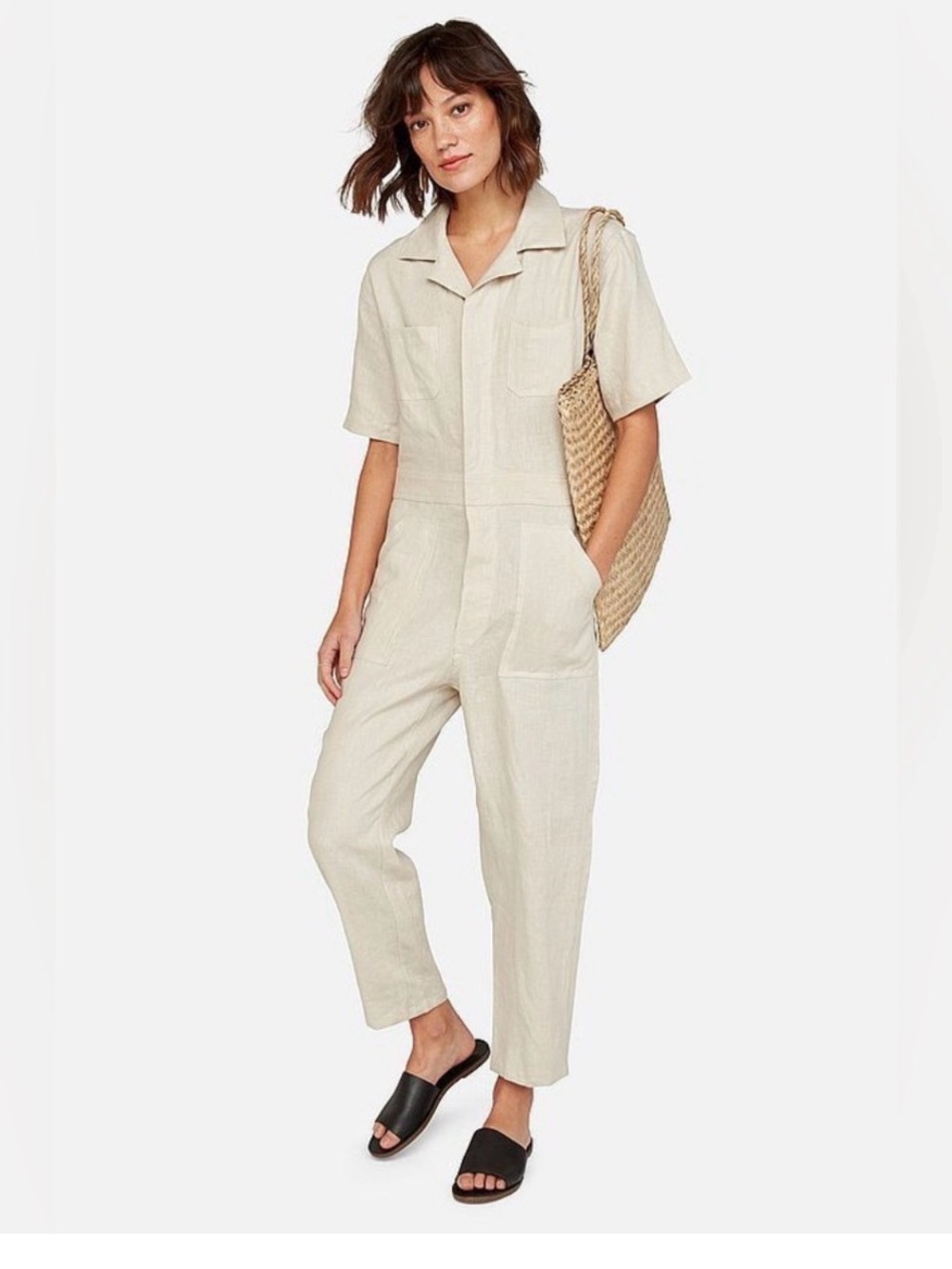 MATE the Label Short-Sleeve Linen Jumpsuit in Natural Beige
